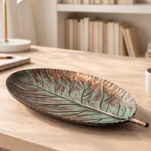 Verdigris Patina Metal Leaf Tray/ Wall Decor Bronze Green Botanical Catchall 13"